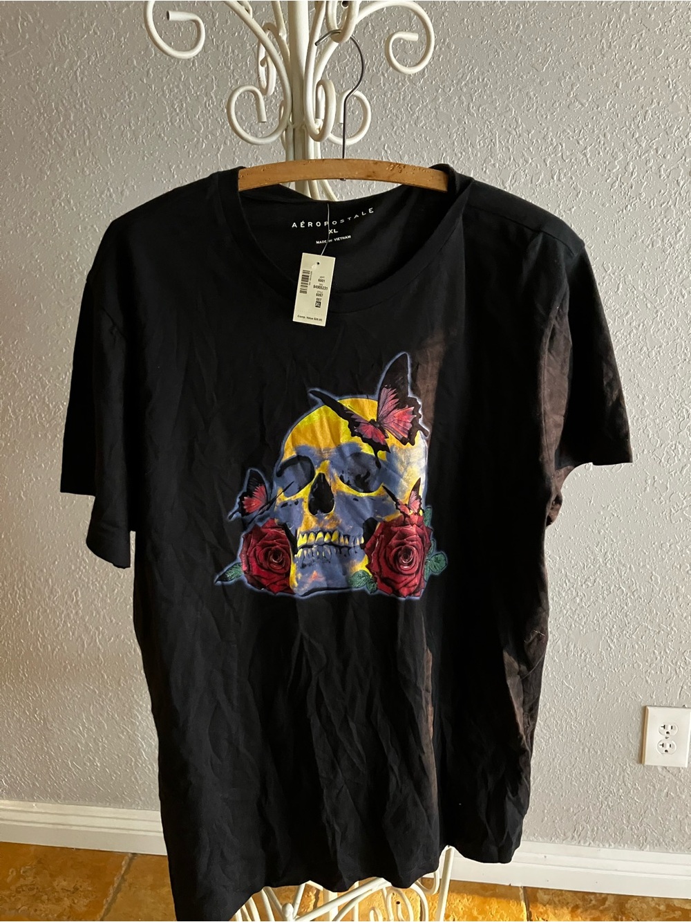 Aeropostale Rose Skull Graphic Tee with Colorful Skull, Roses & Butterflies